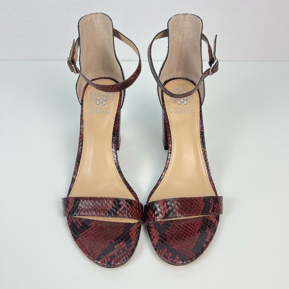 Vince Camuto Snakeskin Block Heel Sandal Burgundy Open Toe Ankle Strap Womens 10 - Picture 3 of 13